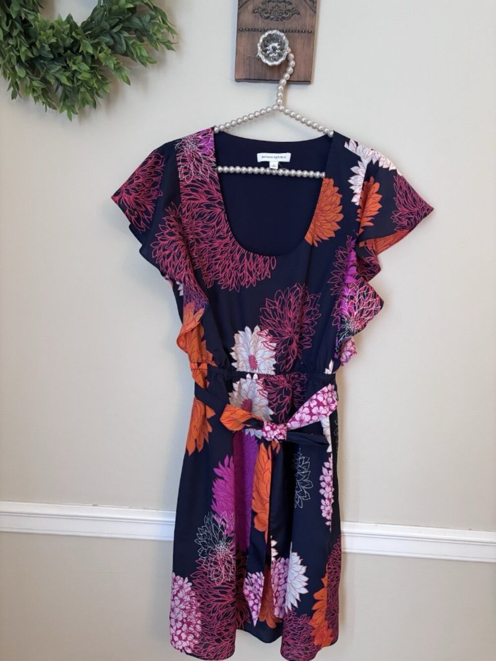 Banana Republic Womens Size 8 Blue Floral Dress Flutter Sleeve Belted